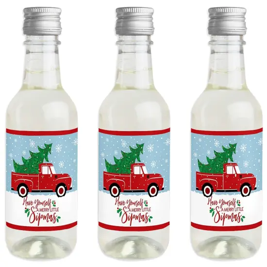Big Dot of Happiness Merry Little Christmas Tree - Mini Wine and Champagne Bottle Label Stickers - Red Truck Christmas Party Favor Gift - Set of 16 {1}