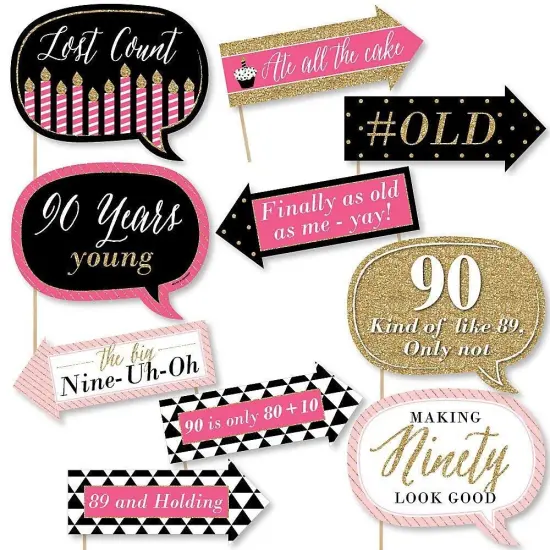 Big Dot of Happiness Funny Chic 90th Birthday - Pink, Black and Gold - Birthday Party Photo Booth Props Kit - 10 Piece {1}