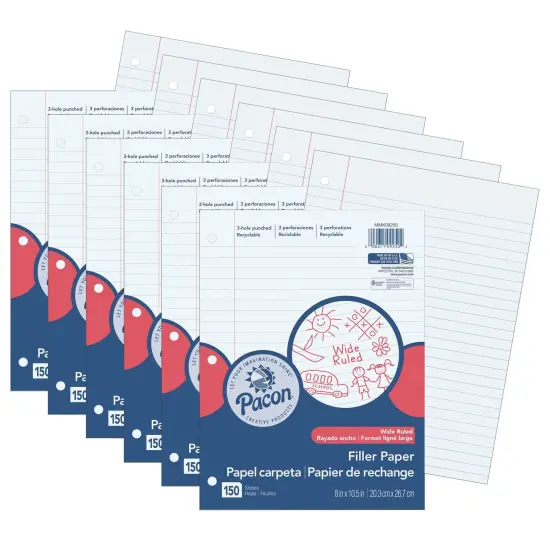 Filler Paper, White, 3-Hole Punched, Red Margin, 3/8" Ruled, 8" x 10-1/2", 150 Sheets Per Pack, 6 Packs {1}