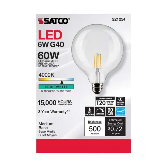 6Pk - Satco 6w G40 Globe Filament LED 4000K Medium Base Dimmable - 60w equiv Cool White {4}