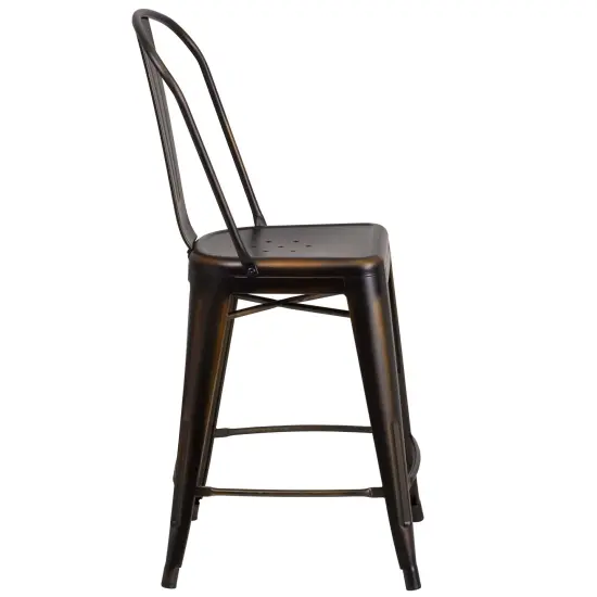 Merrick Lane Sabine Metal Indoor-Outdoor Counter Stool with Vertical Slat Back and Integrated Footrest Copper {5}