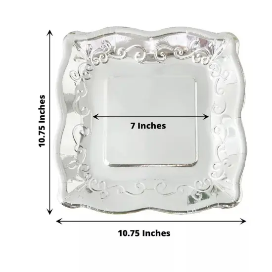 25 SILVER 11" Square Paper Dessert Dinner PLATES Scroll Design {5}
