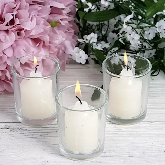 12 IVORY Round Votive Candles with Clear Glass Holders {2}