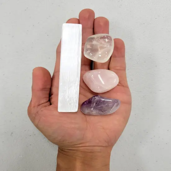Mini Crystal Kit - Amethyst, Rose Quartz, Clear Quartz with Selenite Charger Stick {4}