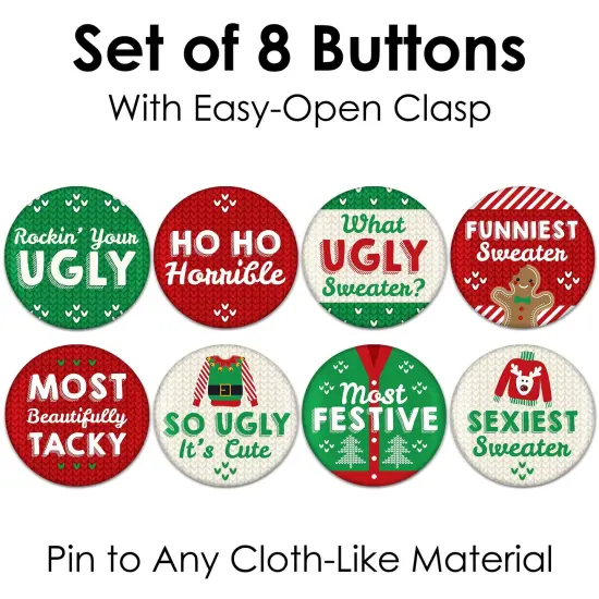 Big Dot of Happiness Ugly Sweater - 3 inch Holiday and Christmas Party Badge - Pinback Buttons - Set of 8 {7}
