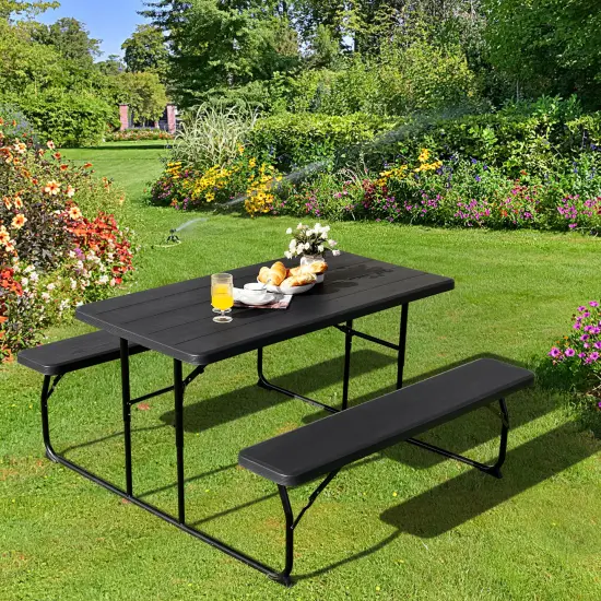 Costway Folding Picnic Table & Bench Set for Camping BBQ w/ Steel Frame White/Balck {8}