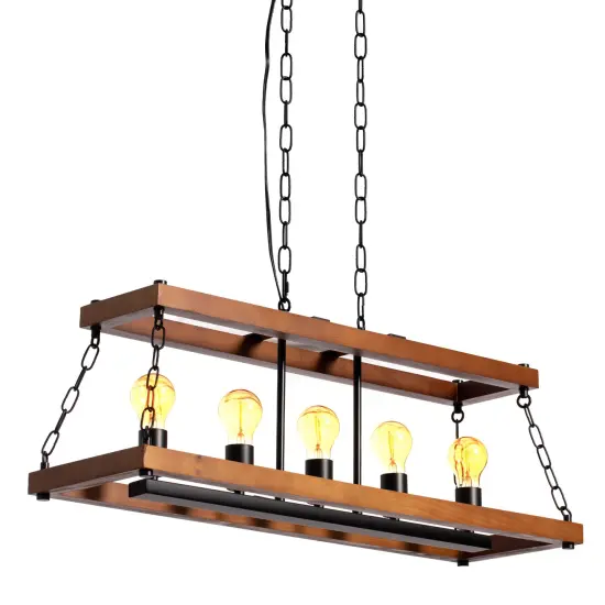 Vintage Industrial Style Wooden Rectangle 5 Bulb Ceiling Hanging Light Fixture, Brown Decorative Chandelier {1}