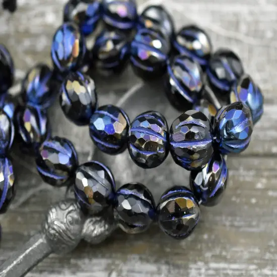 *12* 10mm Bronze Washed Jet Black Blue Marea Faceted Round Melon Beads {3}