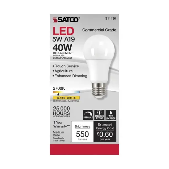 Satco 5w A19 LED Commercial Grade Agriculture Bulb 2700K 120v - 40w-equiv Warm White {2}