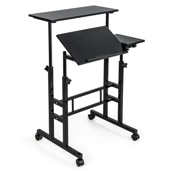 Costway Mobile Stand up Computer Desk Rolling Standing Laptop Cart with 2 Tilting Desktops Sitting Standing Modes Height Adjustable Home Office Black {5}