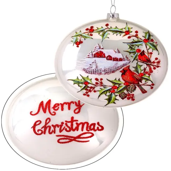5" Glass Disc Country Cardinals Ornament - Festive Christmas Tree Decoration {1}