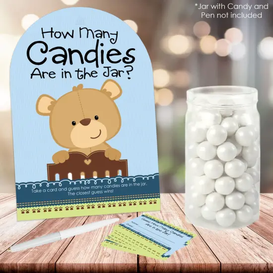 Big Dot of Happiness Baby Boy Teddy Bear - How Many Candies Baby Shower Game - 1 Stand and 40 Cards - Candy Guessing Game {3}