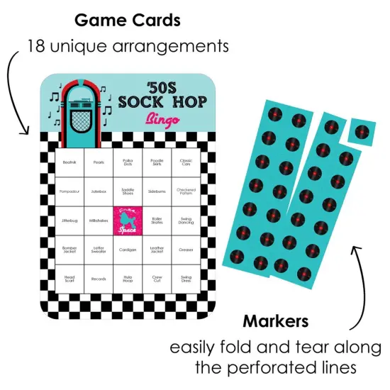 Big Dot of Happiness 50's Sock Hop - Bar Bingo Cards and Markers - 1950s Rock N Roll Party Bingo Game - Set of 18 {3}