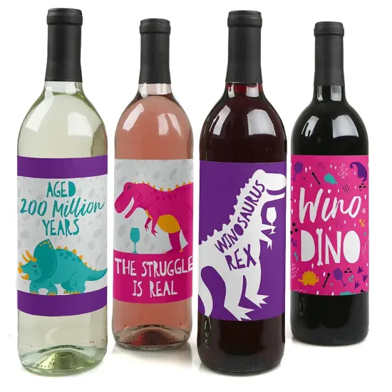 Big Dot of Happiness Roar Dinosaur Girl - Dino Mite T-Rex Party Decorations for Women and Men - Wine Bottle Label Stickers - Set of 4 {1}