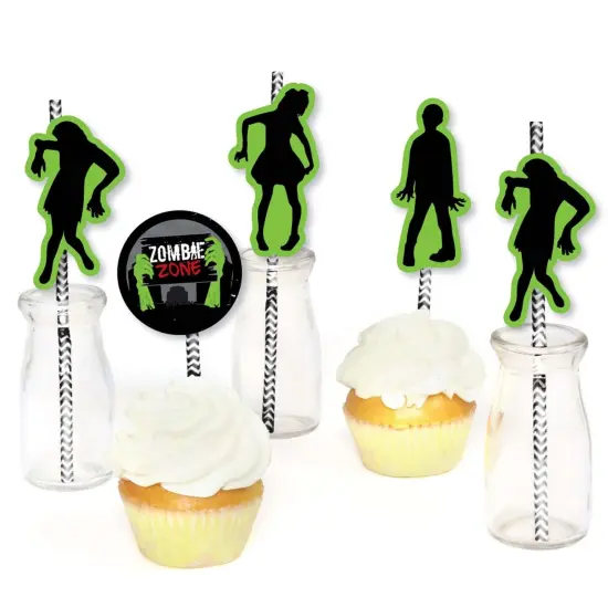 Big Dot of Happiness Zombie Zone - Paper Straw Decor - Halloween or Birthday Zombie Crawl Party Striped Decorative Straws - Set of 24 {6}