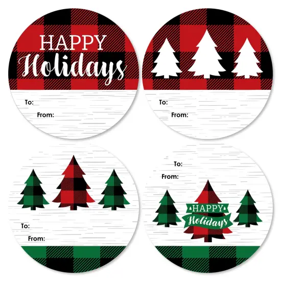 Big Dot of Happiness Holiday Plaid Trees - Round Buffalo Plaid Christmas Party To and From Gift Tags - Large Stickers - Set of 8 {7}