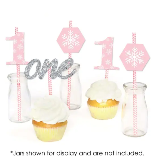 Big Dot of Happiness Pink Onederland - Paper Straw Decor - Holiday Snowflake Winter Wonderland Birthday Party Striped Decorative Straws - Set of 24 {6}