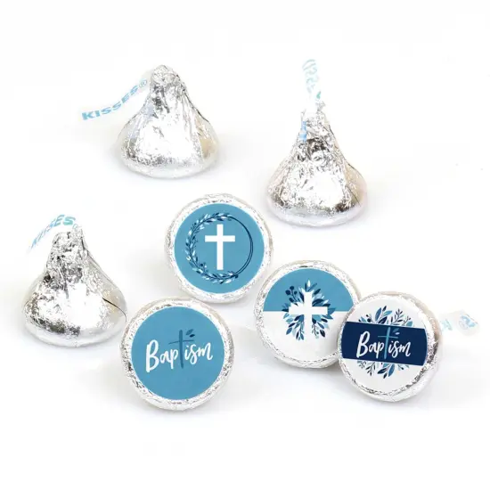 Big Dot of Happiness Baptism Blue Elegant Cross - Boy Religious Party Round Candy Sticker Favors - Labels Fits Chocolate Candy (1 sheet of 108) {1}