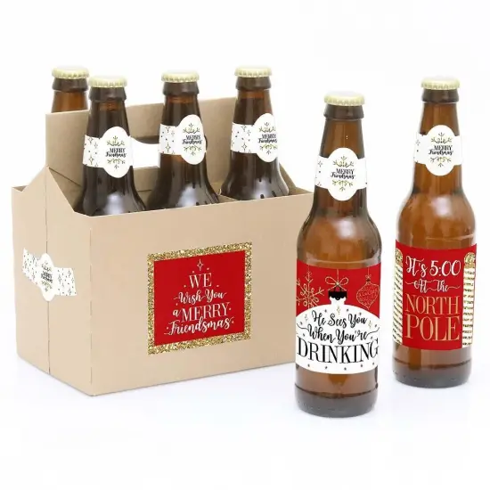 Big Dot of Happiness Red and Gold Friendsmas - Friends Christmas Party Decorations for Women and Men - 6 Beer Bottle Label Stickers and 1 Carrier {1}