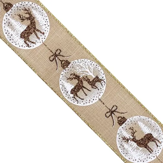Holiday Reindeer Ornaments Burlap wired edge ribbons, 2.5" x 10 yards Gold {3}