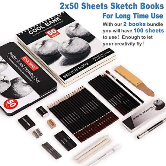 52 Piece Professional Drawing Set with 2 x 50 Page Drawing Pad, Art Supplies, Graphite Drawing Pencils and Sketch Set, Artist Sketching Tools in Tin Box Includes Charcoals,Pastels and Sharpener {6}