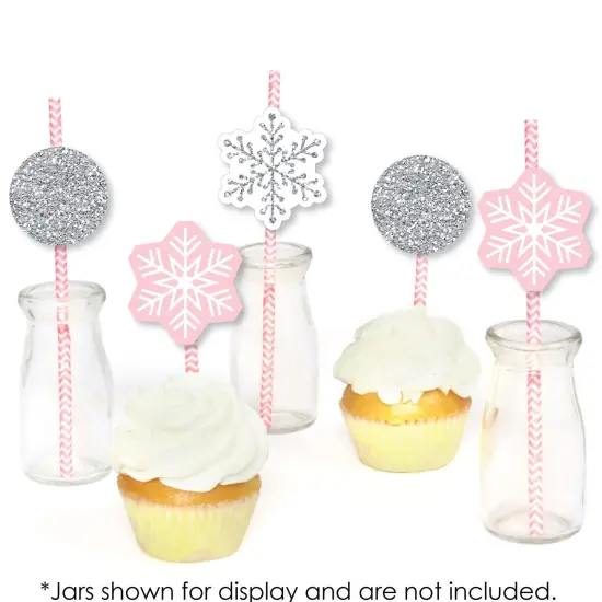 Big Dot of Happiness Pink Winter Wonderland - Paper Straw Decor - Holiday Snowflake Birthday Party or Baby Shower Striped Decorative Straws -Set of 24 {6}
