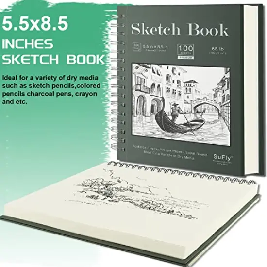 Sketch Book 5.5 X 8.5 - Spiral Sketchbook Pack of 2, SuFly 200 Sheets (68 lb/100gsm) Acid Free Sketch Pads for Drawing for Adults Spiral-Bound with Hard Cover for Kids, 100 Sheets Each {6}