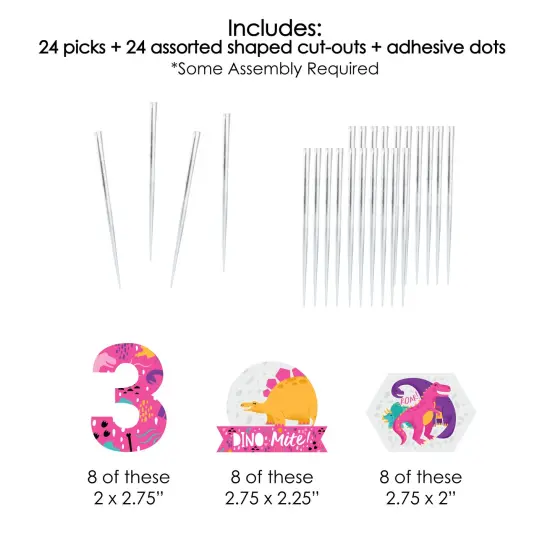 Big Dot of Happiness 3rd Birthday Roar Dinosaur Girl - Dessert Cupcake Toppers - Three Rex Dino Third Birthday Party Clear Treat Picks - Set of 24 {7}