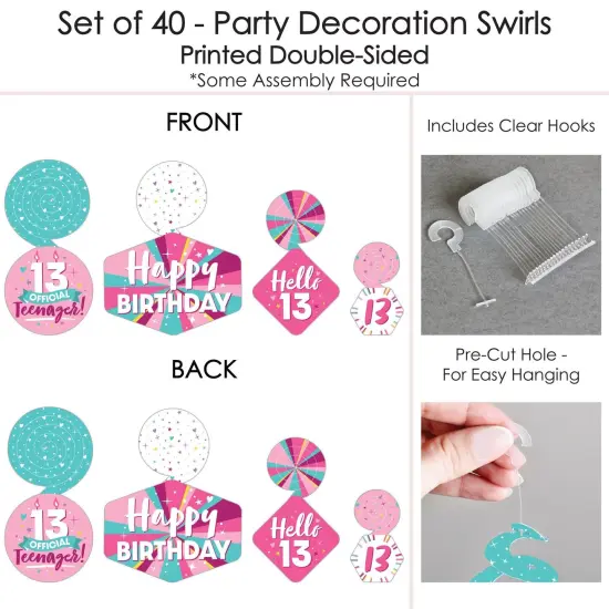 Big Dot of Happiness Girl 13th Birthday - Official Teenager Birthday Party Hanging Decor - Party Decoration Swirls - Set of 40 {7}