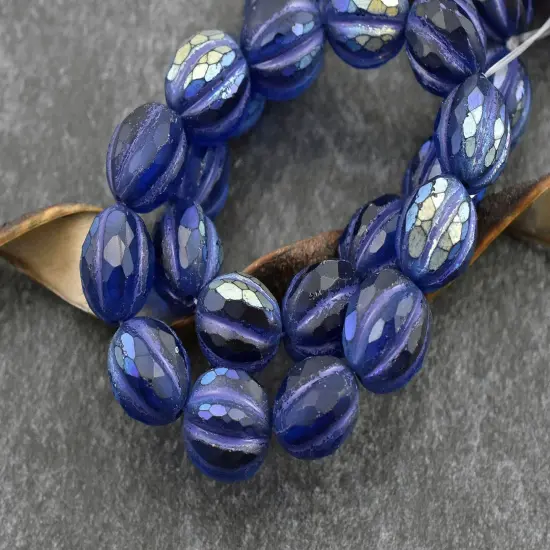 *12* 10mm Purple Washed Matte Pacific Blue AB Faceted Round Melon Beads {3}