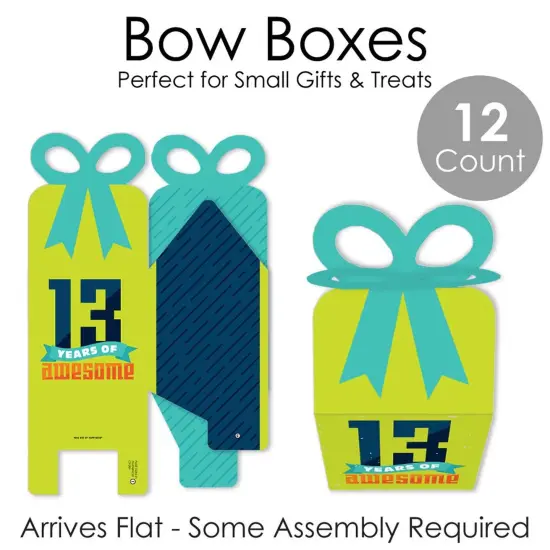 Big Dot of Happiness Boy 13th Birthday - Square Favor Gift Boxes - Official Teenager Birthday Party Bow Boxes - Set of 12 {7}
