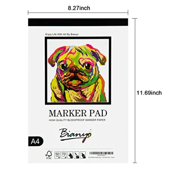 Bleedproof Marker Paper Pad, A4(8.27"X11.69"), 50 Sheets, 18 LB / 70 GSM, Glue-Bound, 100% Cotton, White, Ideal for Use with Markers and Ink Mediums {3}
