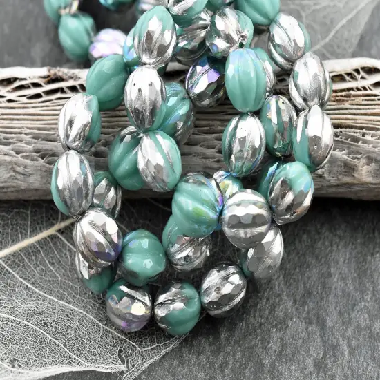 *12* 10mm Silver Washed Turquoise AB Faceted Round Melon Beads {3}