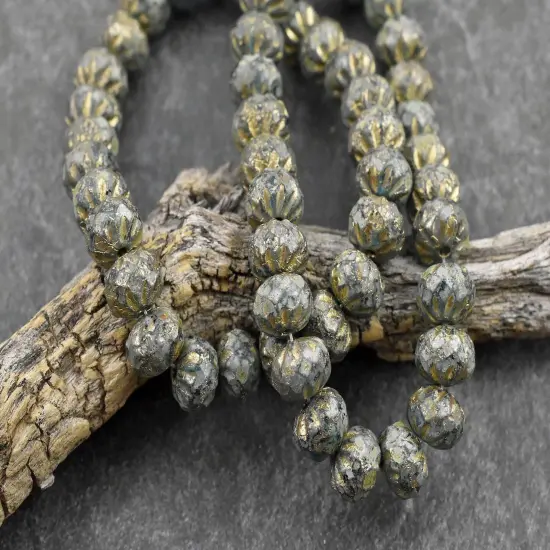 *25* 6x9mm Gold Washed Etched Pacific Blue Picasso Cruller Rondelle Beads {4}