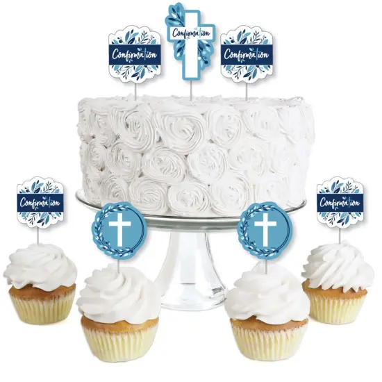 Big Dot of Happiness Confirmation Blue Elegant Cross - Dessert Cupcake Toppers - Boy Religious Party Clear Treat Picks - Set of 24 {1}