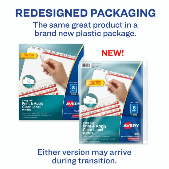 Avery 8 Big Tab Dividers for 3 Ring Binder, Easy Print & Apply Clear Label Strip, Index Maker Customizable White Tabs, 5 Sets (11493) {2}