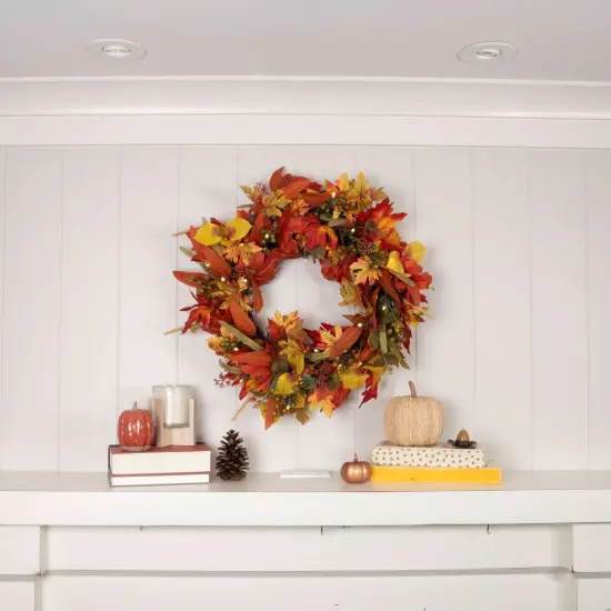 24 in. Holiday Wreath with Lights - Fall Harvest Leaf {5}