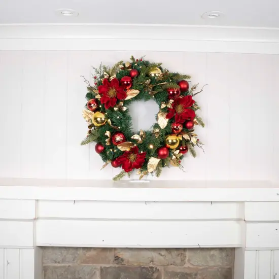 30 in. Lighted Christmas Wreath - Golden Leaf Red Magnolia {5}