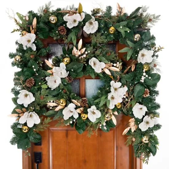 30 in. Lighted Christmas Wreath - White Gold Magnolia {3}