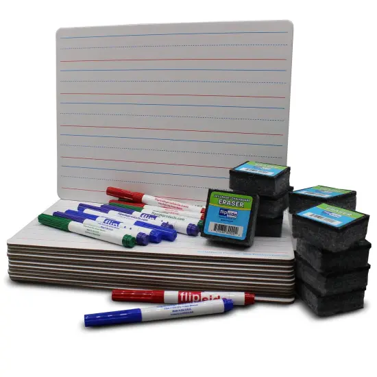 Magnetic Two-Sided Dry Erase Boards, Red & Blue Ruled/Plain, 9" x 12", with Erasers & Colored Pens, Class Pack of 12 {1}