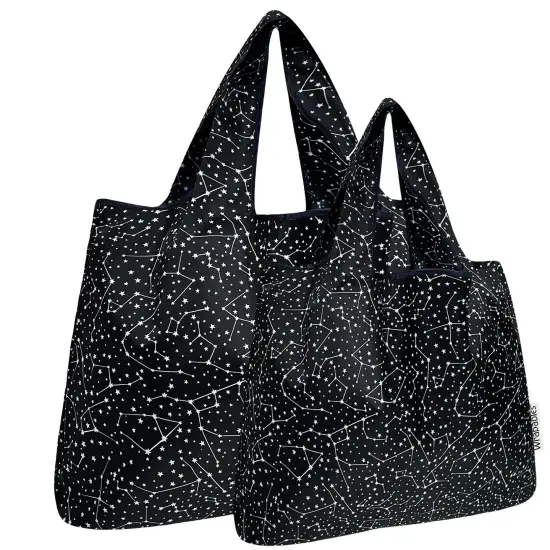 Wrapables Large & Small Foldable Tote Nylon Reusable Grocery Bags, Set of 2, Constellations {1}