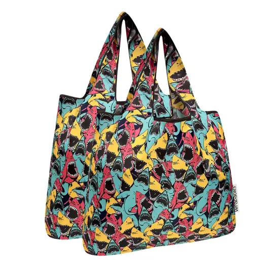 Wrapables Medium Foldable Tote Nylon Reusable Grocery Bag (Set of 2), Sharks {1}