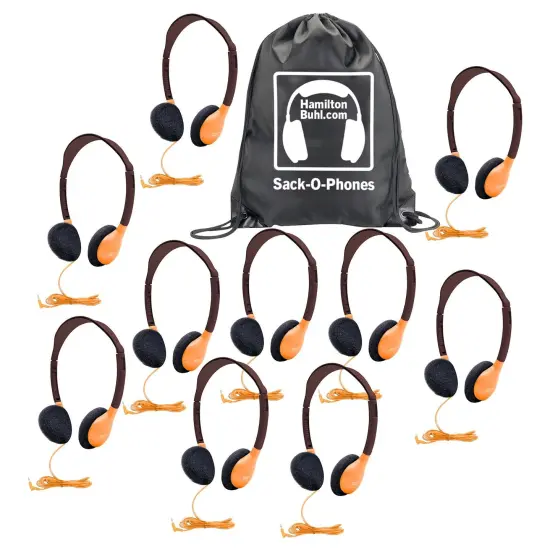 Sack-O-Phones, 10 Personal Headphones in a Carry Bag, Orange {1}