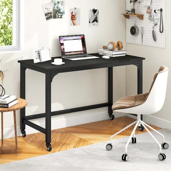 Costway Rolling Computer Desk Wood Top Metal Frame Laptop Table Study Workstation Black {4}
