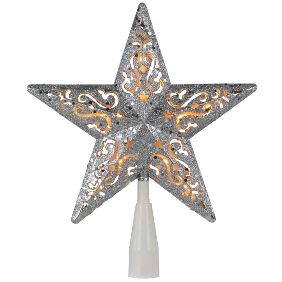 Northlight 8.5" Lighted Silver Glitter Star Cut Out Design Christmas Tree Topper - Clear Lights, White Wire {1}