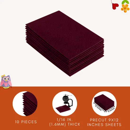 FabricLA Acrylic Felt Sheets for Crafts - Precut 9" X 12" Inches (20 cm X 30 cm) Felt Squares - Use Felt Fabric Craft Sheets for DIY, Hobby, Costume, and Decoration | Burgundy - 10 Pieces {4}