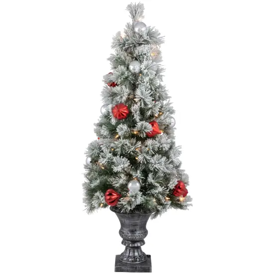 Northlight 4&rsquo; Pre-Lit Potted Snowy Bristle Pine Flocked Artificial Christmas Tree, Clear Lights Green {1}