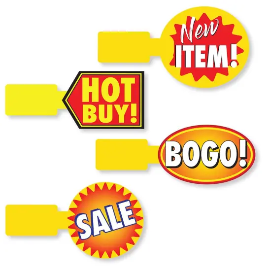 COSCO Shelf Wobbler Signs, Multi-Pack, NEW ITEM, HOT BUY, BOGO, SALE, 36 Pack (9 each x 4 Messages) {1}