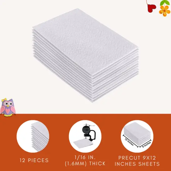 FabricLA Acrylic Felt Sheets for Crafts - Precut 9" X 12" Inches (20 cm X 30 cm) Felt Squares - Use Felt Fabric Craft Sheets for DIY, Costume, and Decoration | White - 12 Pieces {6}