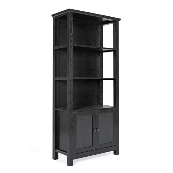 Merrick Lane Omaha Modern Farmhouse Storage Cabinet Bookcase, Glass Doors and Open Shelves Black {1}